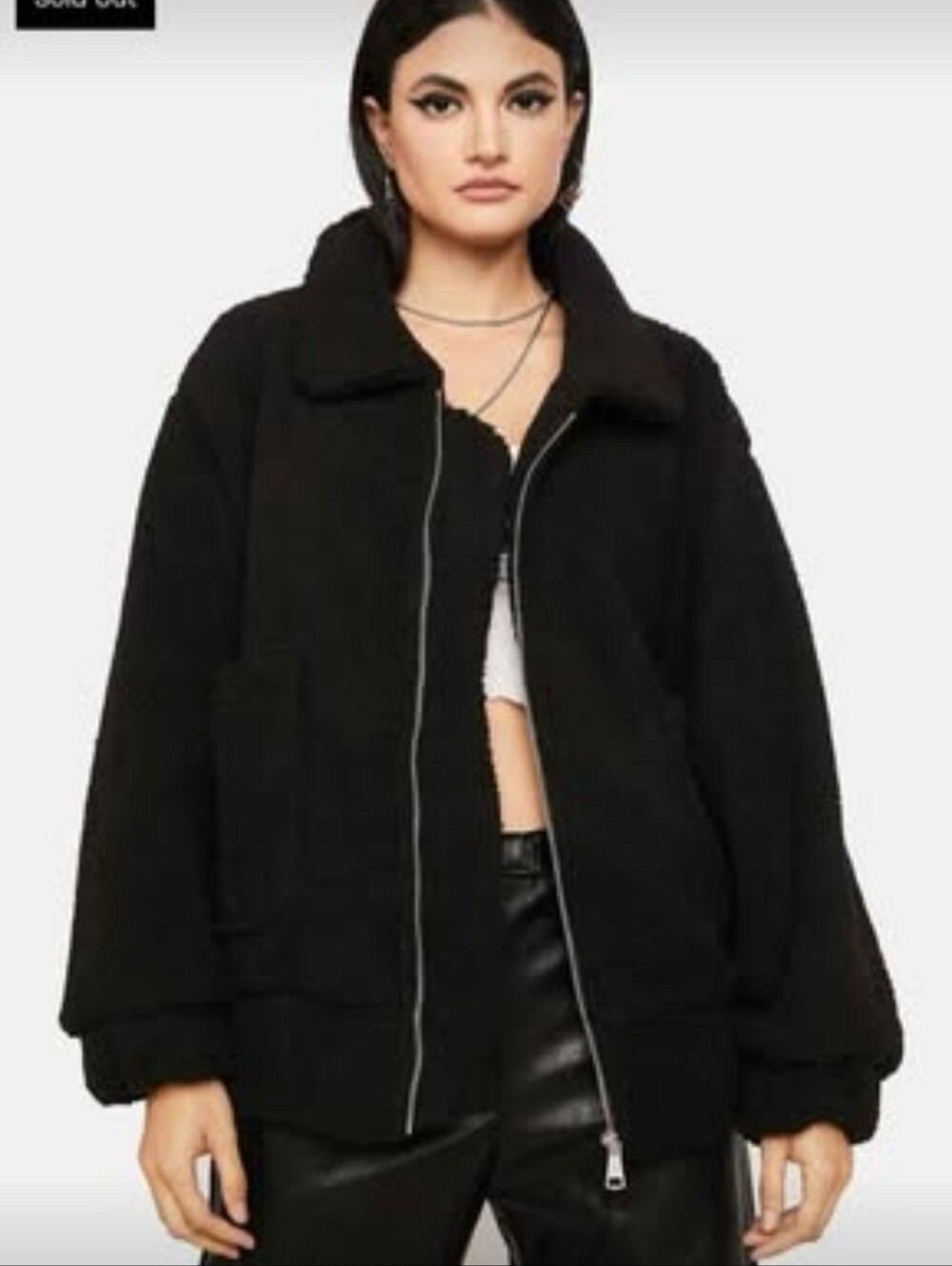 Black Faux Sherpa Zip Jacket - Women